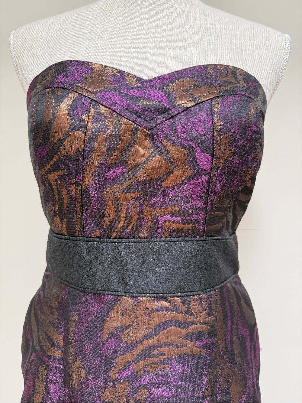 Minuet Strapless Purple & Bronze Jacquard Sheath Dress